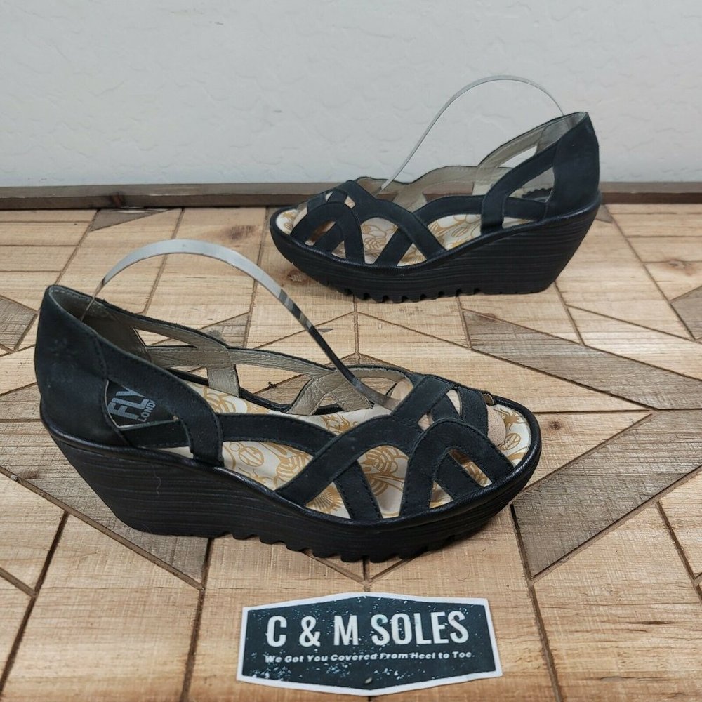 Fly London Black Yadi Suede Wedge Sandal Open Toe - Picture 7 of 10